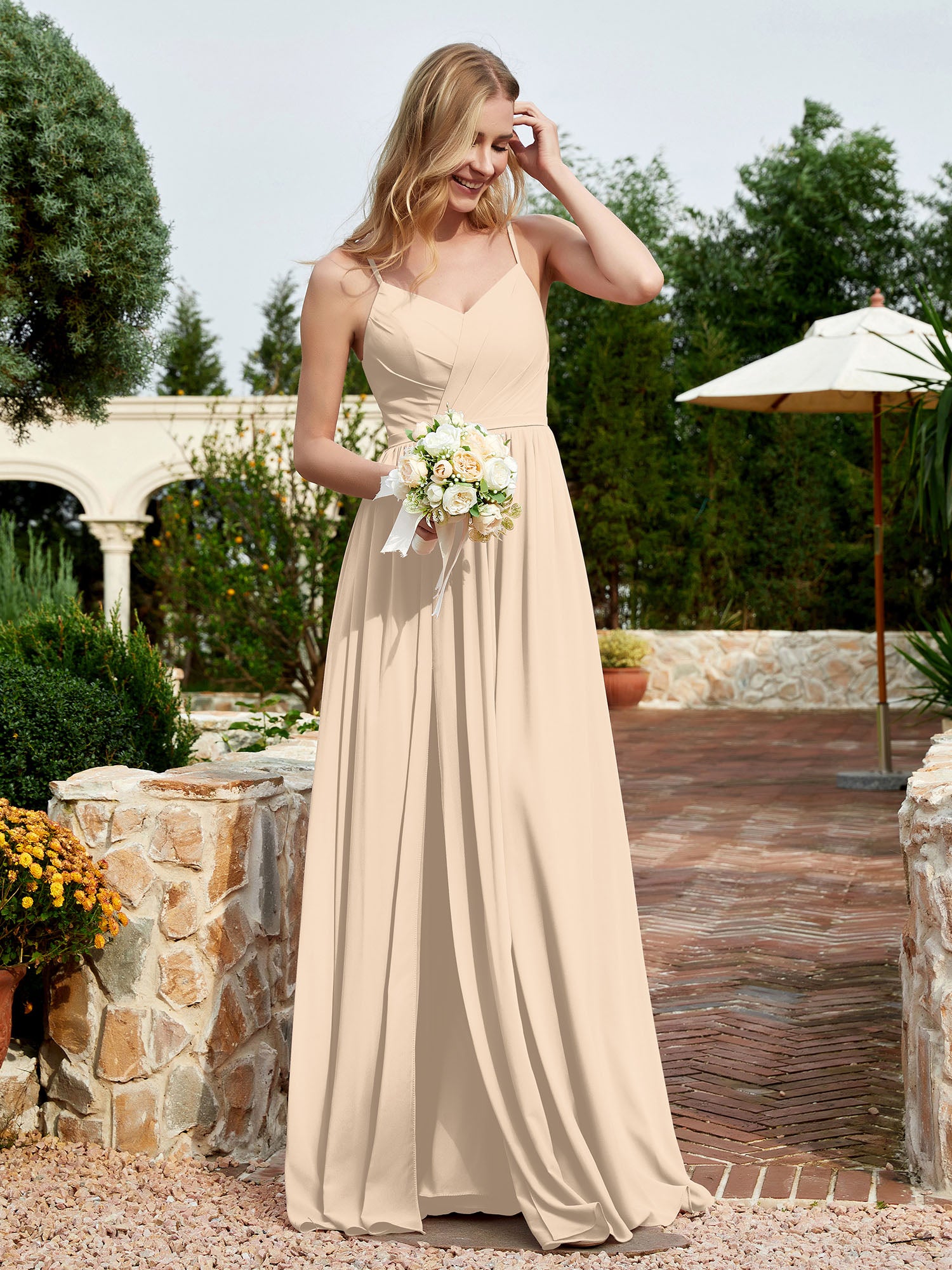 V-neck Spaghetti Straps Bridesmaid Dress With Slit Champagne